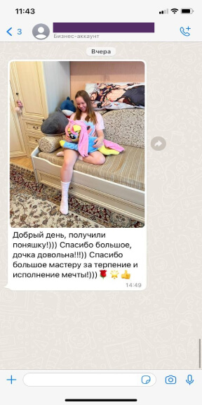 Скриншот отзыва из ватсап - о сшитой игрушке на заказ для девлчки